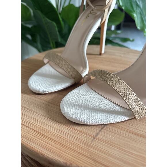 Lulus Sila Snake Ankle Strap Heels Size 8 White and Light Tan Nude Stilettos - Picture 8 of 11